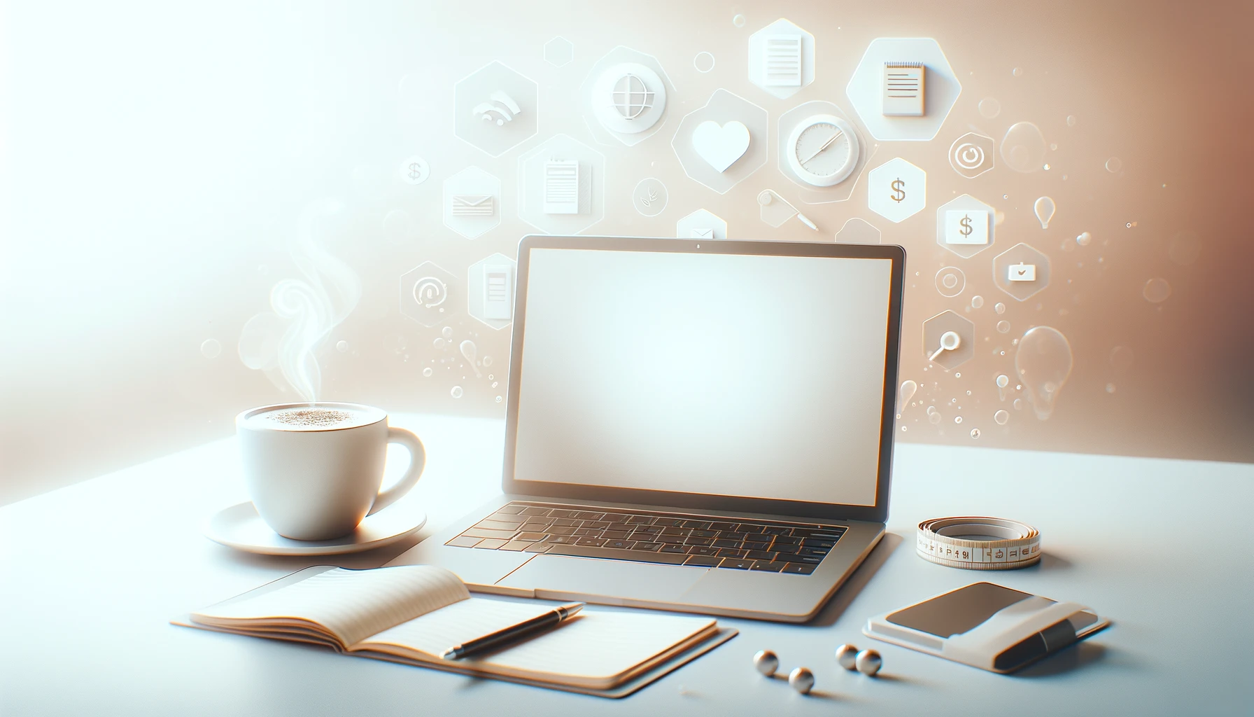 Bir laptop, kahve fincanı ve not defteri ile minimalist masaüstü
