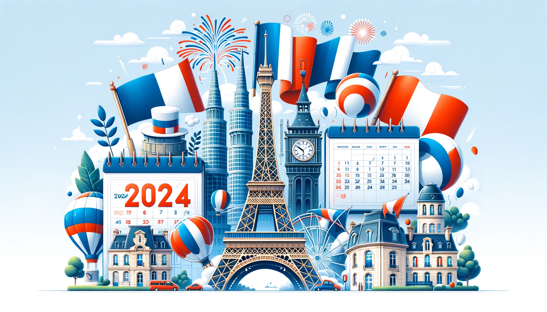 2024 yılı için Fransa'nın ikonik sembolleri ve tatilleri.