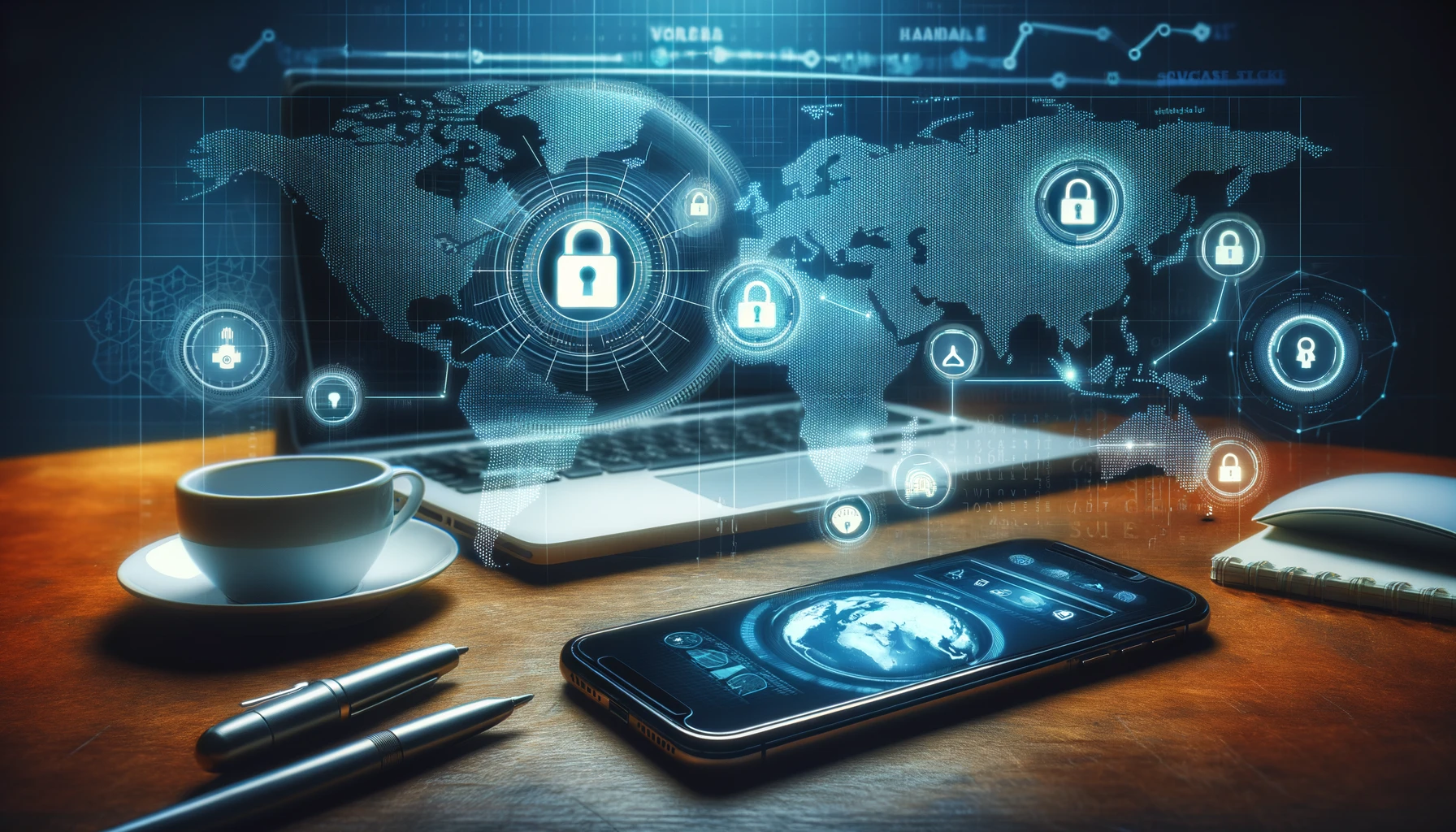 VPN bağlantı simgeleri ve güvenlik sembolleri gösteren akıllı telefon ve laptop
