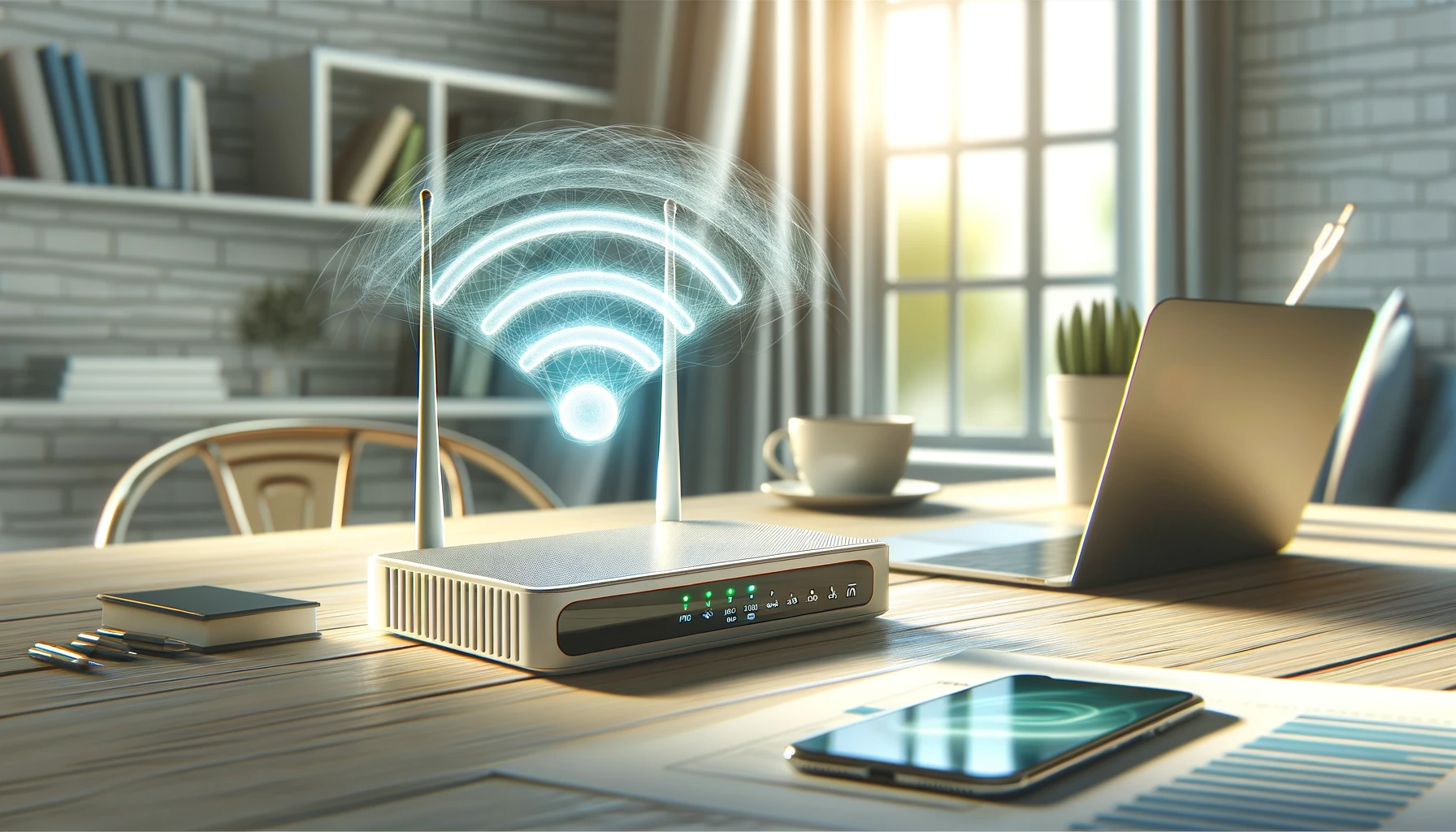 Wi-Fi router, dizüstü bilgisayar ve akıllı telefon ile bağlantının gücünü gösteren ofis ortamı