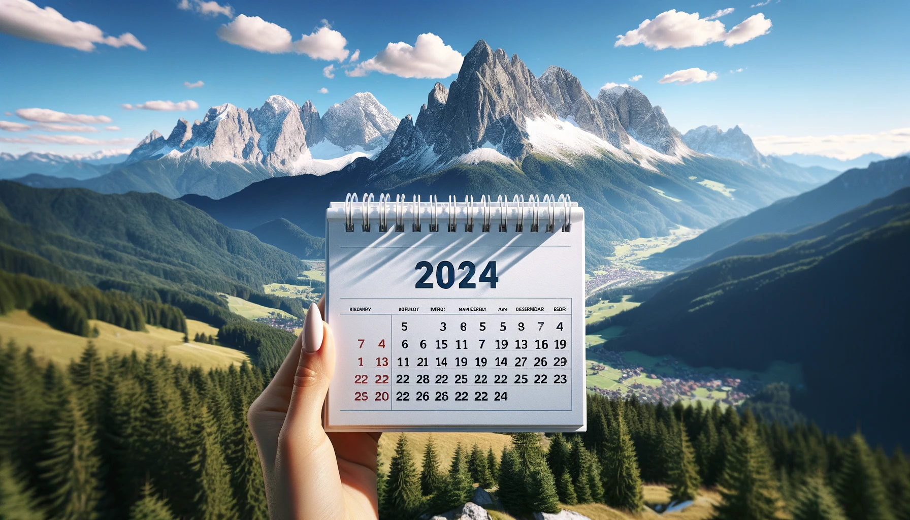 2024 yılı için Bavyera Alpleri ve takvim manzarası